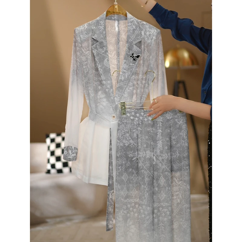 【伊美轻奢】2025夏新款灰白渐变神范气质时尚休闲修身女装套装