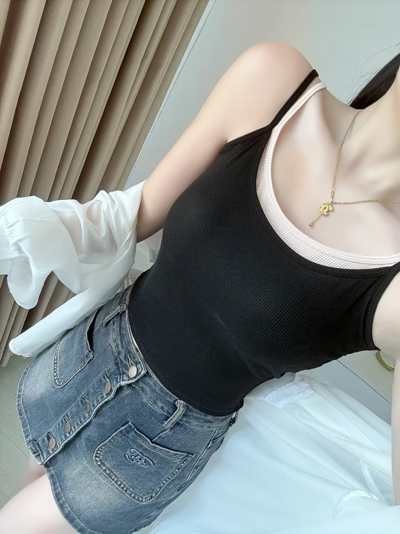 双肩带假两件美背吊带女夏季薄款2025新款外穿上衣背心内搭