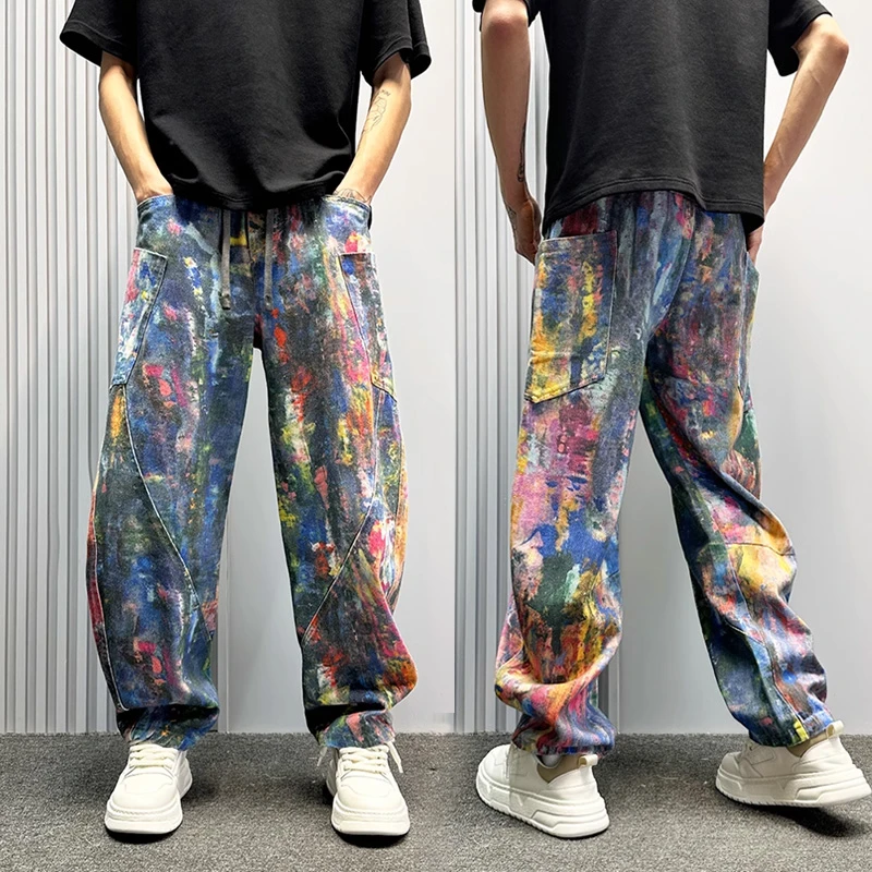 美式复古炫彩色印花工装弯刀裤男设计感夏新款宽松直筒阔腿镰刀裤