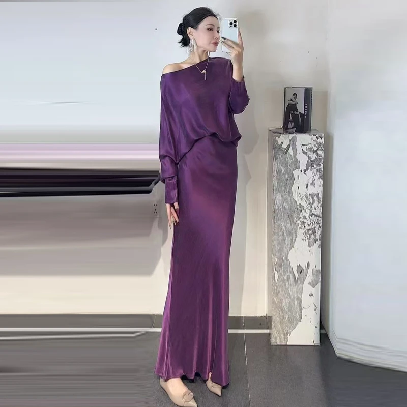 优雅气质紫色长裙套装2025春夏新款蝙蝠袖宽松衬衫铜氨丝高腰半裙