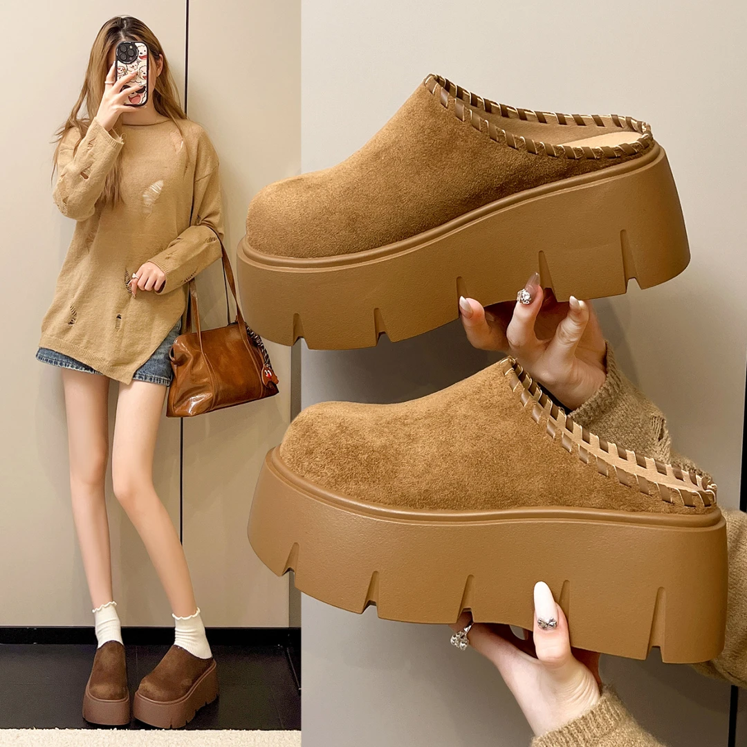 包头半拖鞋女外穿6cm厚底懒人鞋2025秋季新款增高大头丑萌勃肯鞋