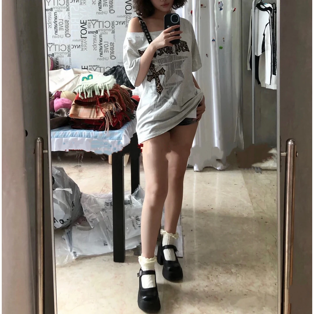 【海南简爱】美式斜肩短袖T恤女宽松上衣女3017