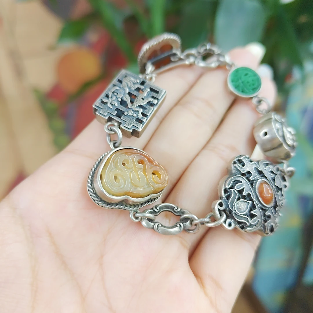 恒玖翡翠  台湾银镶 天然翡翠手链 手工珠宝镶嵌  复古