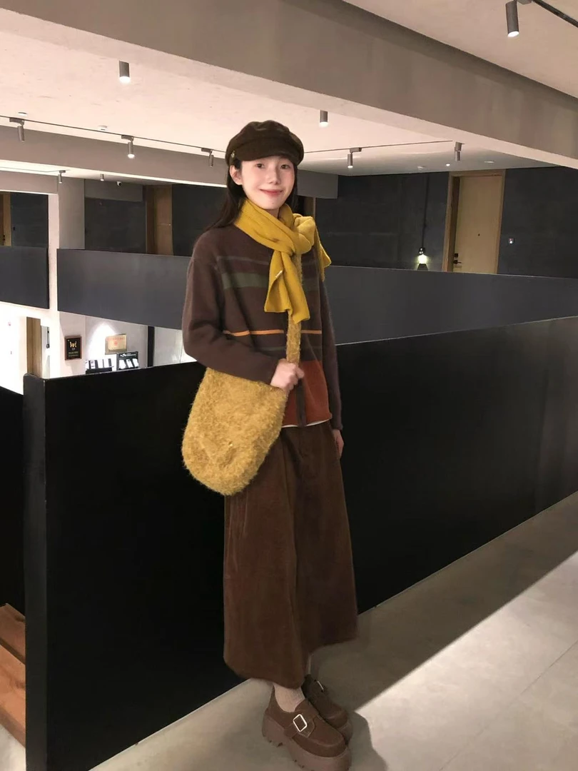 2025秋季新款韩系气质复古条纹撞色针织开衫百搭灯芯绒半身裙套装