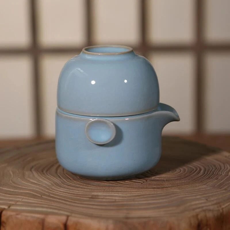 微瑕汝窑快客杯旅行套天青釉便携式茶壶手抓壶