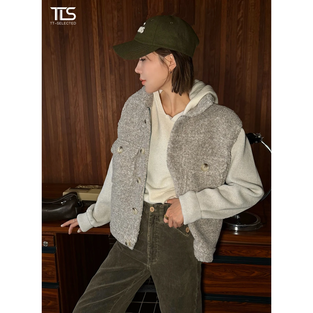 TT【小灰羊】重工羊毛羊羔毛牛仔撞色45R毛方领保暖方领外套WT5087