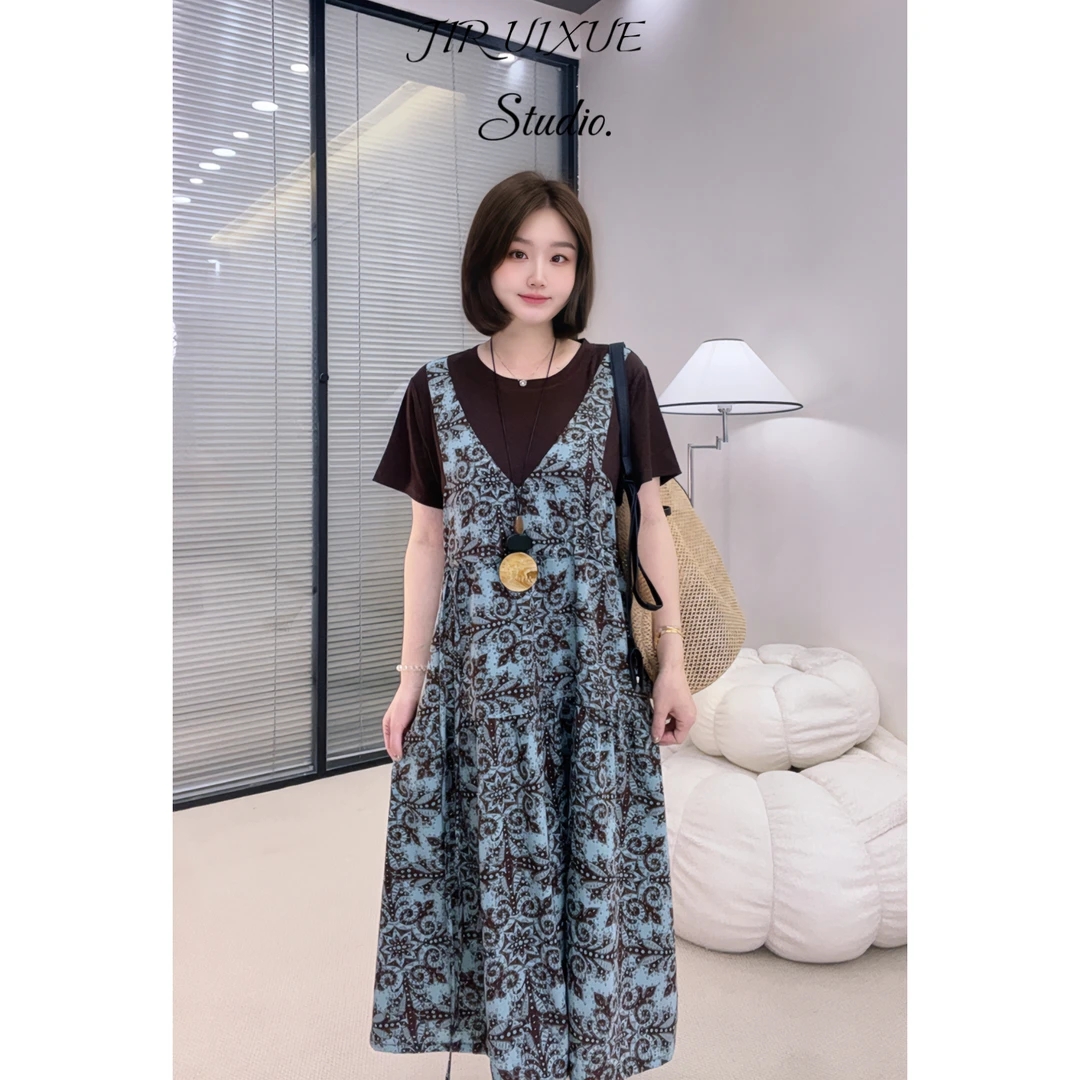 【雪儿家】2025夏季新款碎花拼接假两件休闲度假风连衣裙显瘦洋气