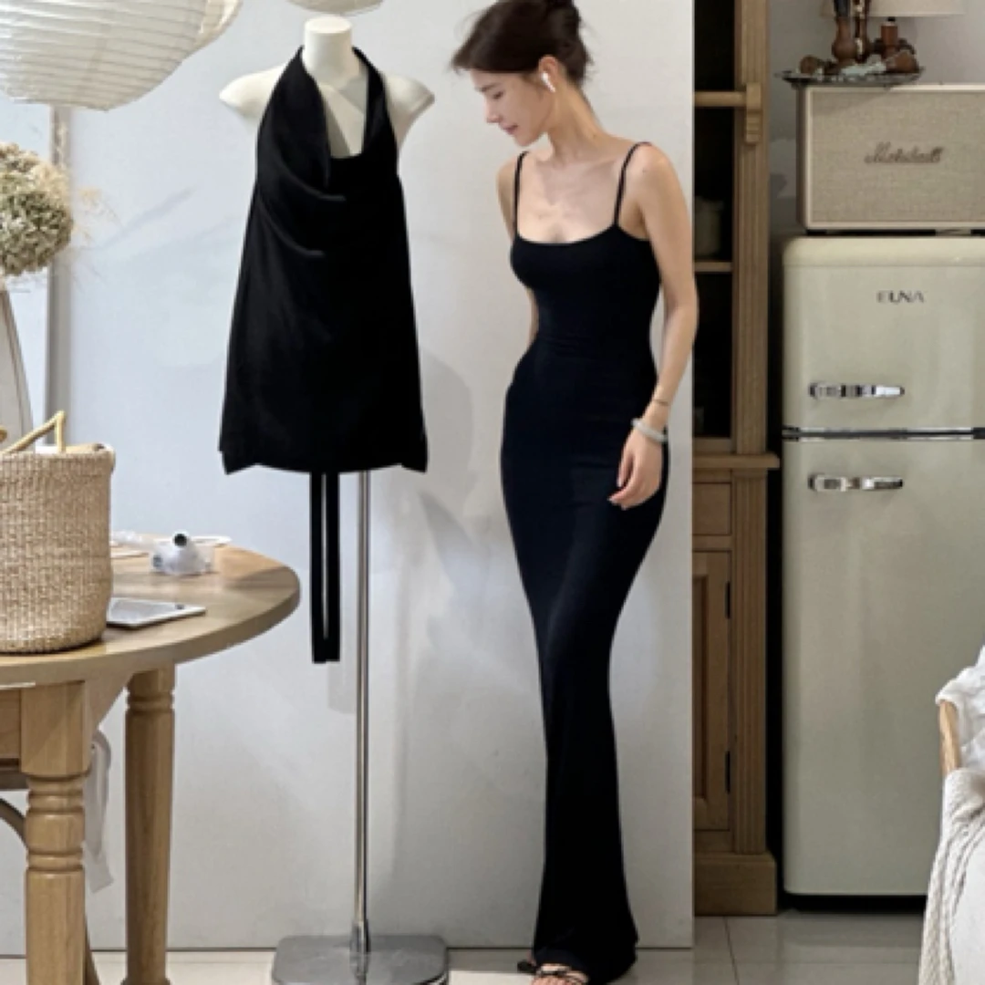 muli沐里夏季新款纯欲吊带修身显瘦纯色包臀气质连衣裙