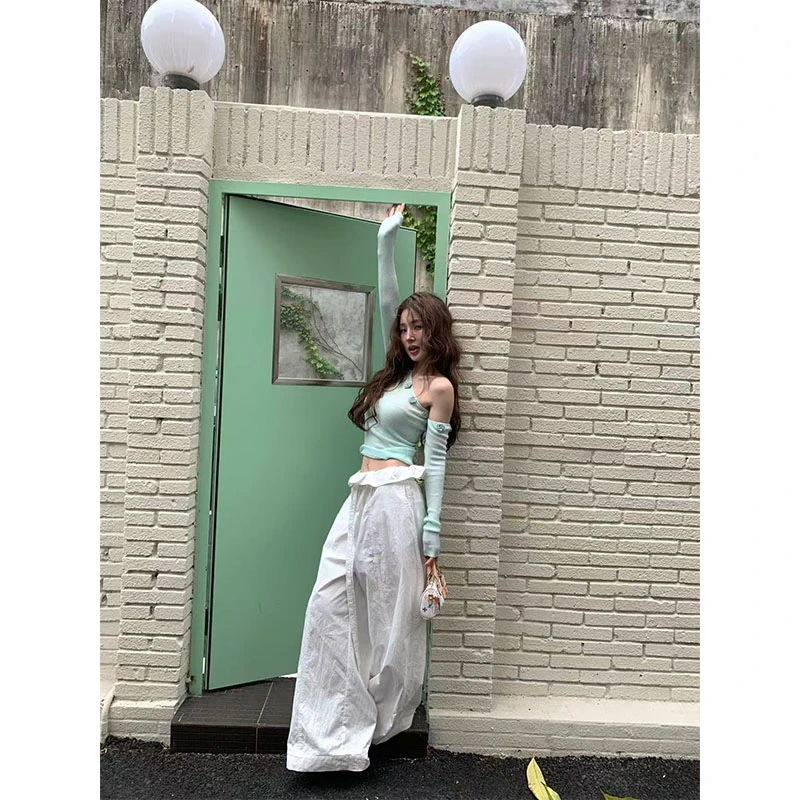 秋季新款修身显瘦网红穿搭针织露肩薄款上衣休闲简约阔腿长裤套装