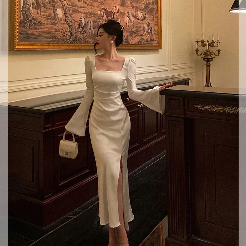 温柔方领缎面连衣裙女2025早秋新款气质开叉收腰礼服长裙3102