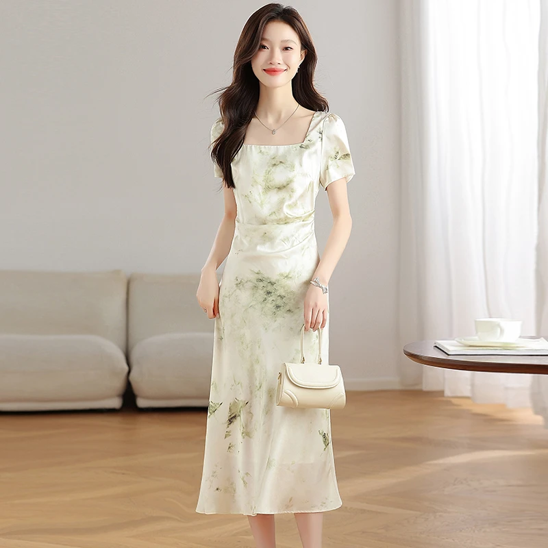 2025新款夏季高级感气质拉链褶皱收腰贵夫人印花短袖方领连衣裙女