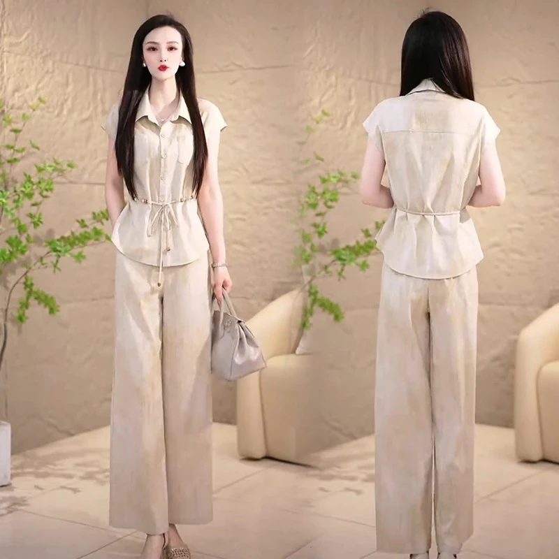 2025夏季新款时尚洋气收腰显瘦短袖衬衫阔腿裤气质减龄两件套女