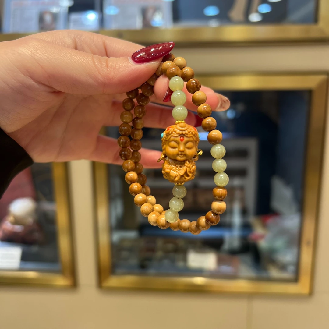 普陀山爆款库克和田玉绿度母双圈手串267