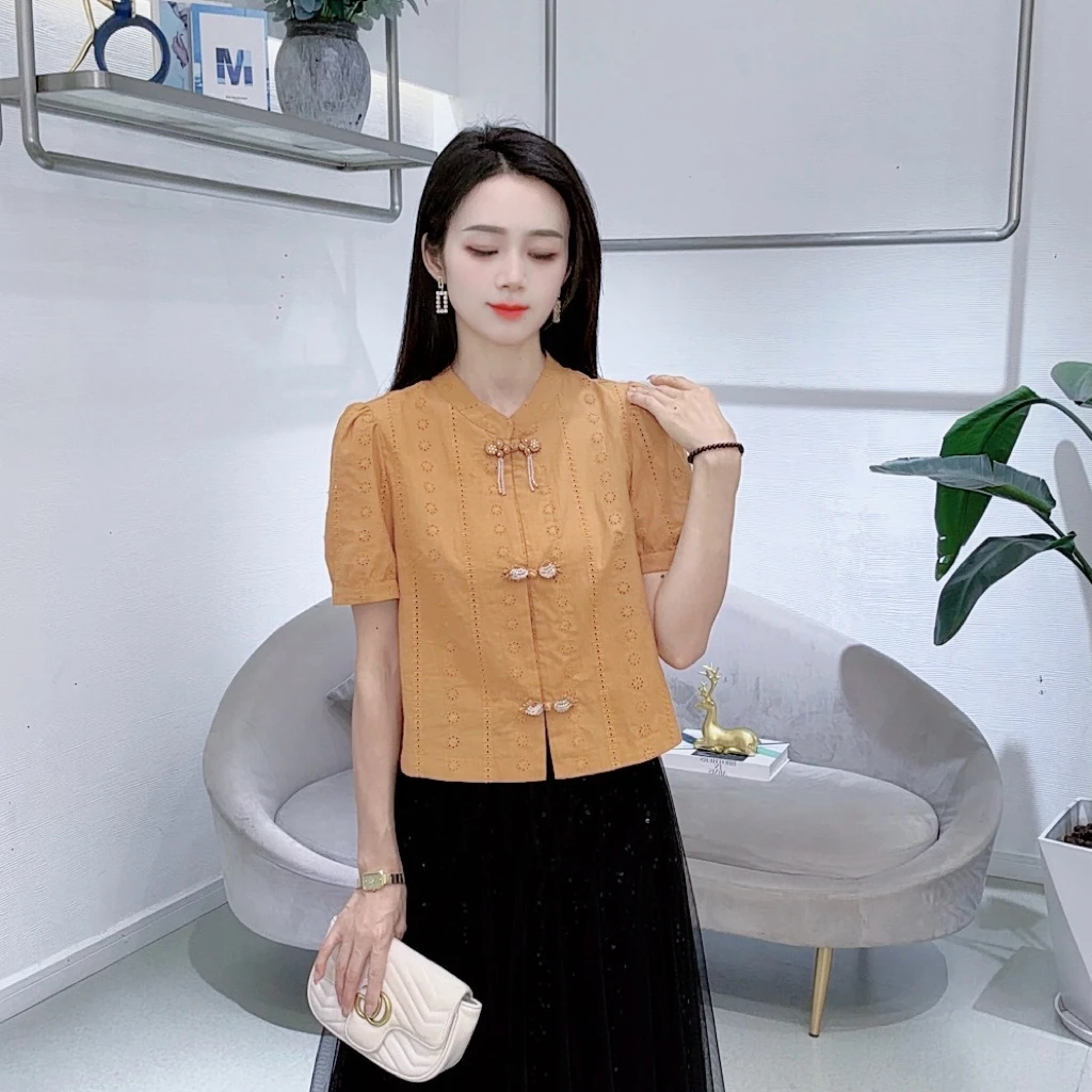 A8570新中式复古国风短袖衬衫女夏季洋气百搭小衫