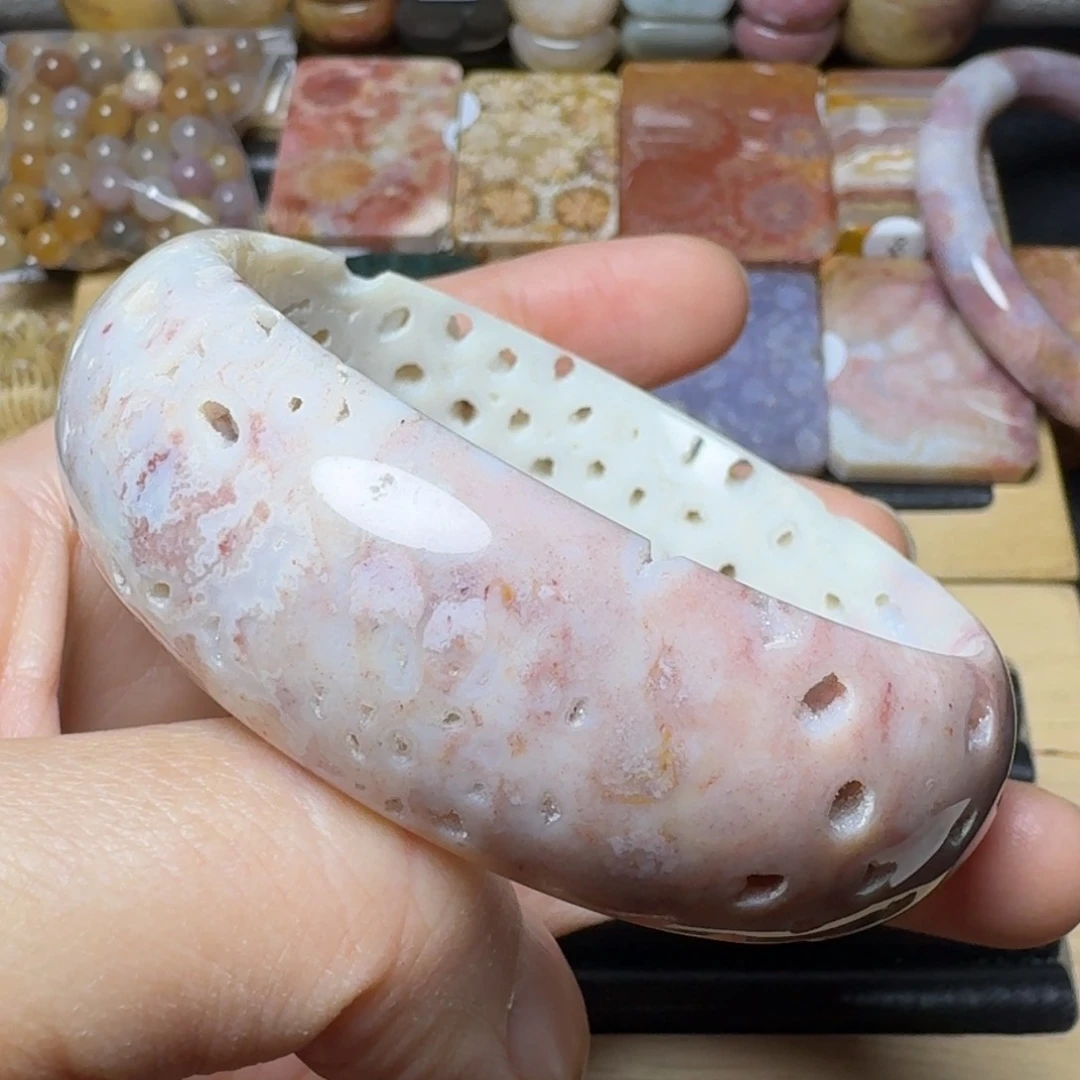 硅化玉56紫粉白镂空洞洞未镶嵌