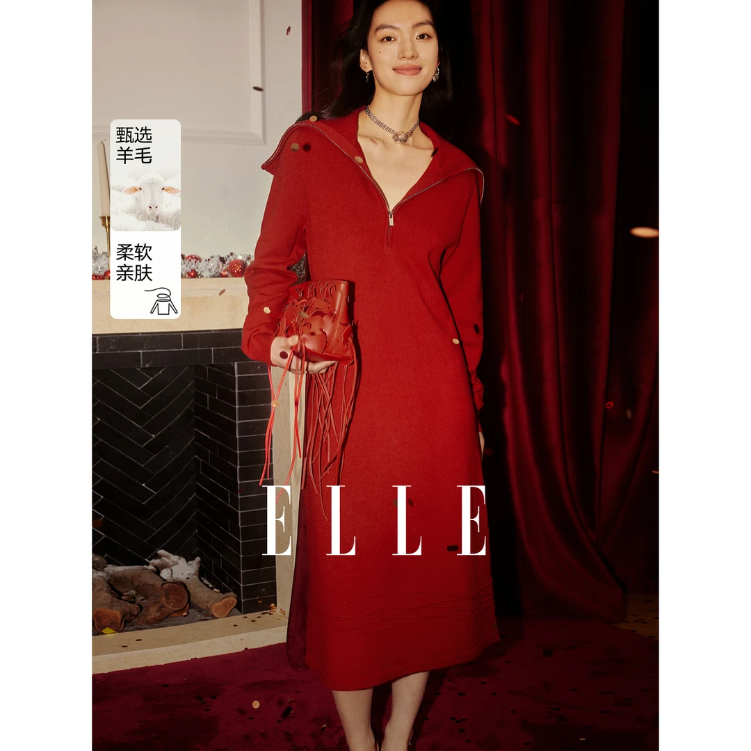 【赵老板专属】ELLE新年红色大翻领针织长袖连衣裙女25春EL50473
