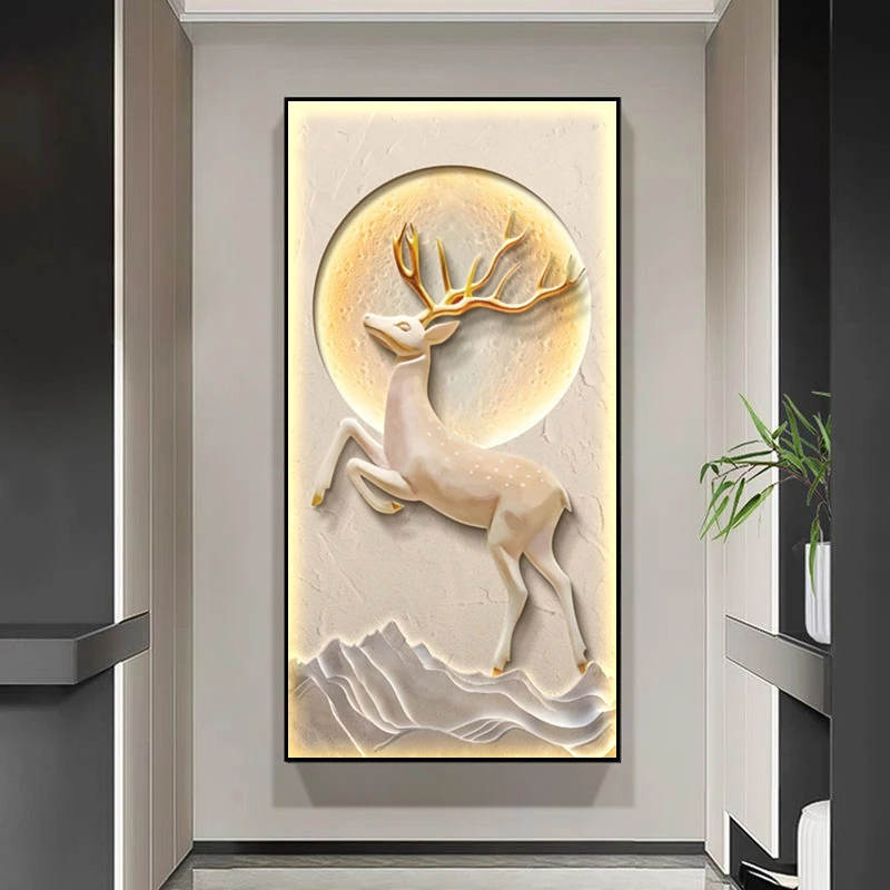 现代简约玄关装饰画麋鹿客厅走廊过道挂画灯画仿立体感入户门壁画