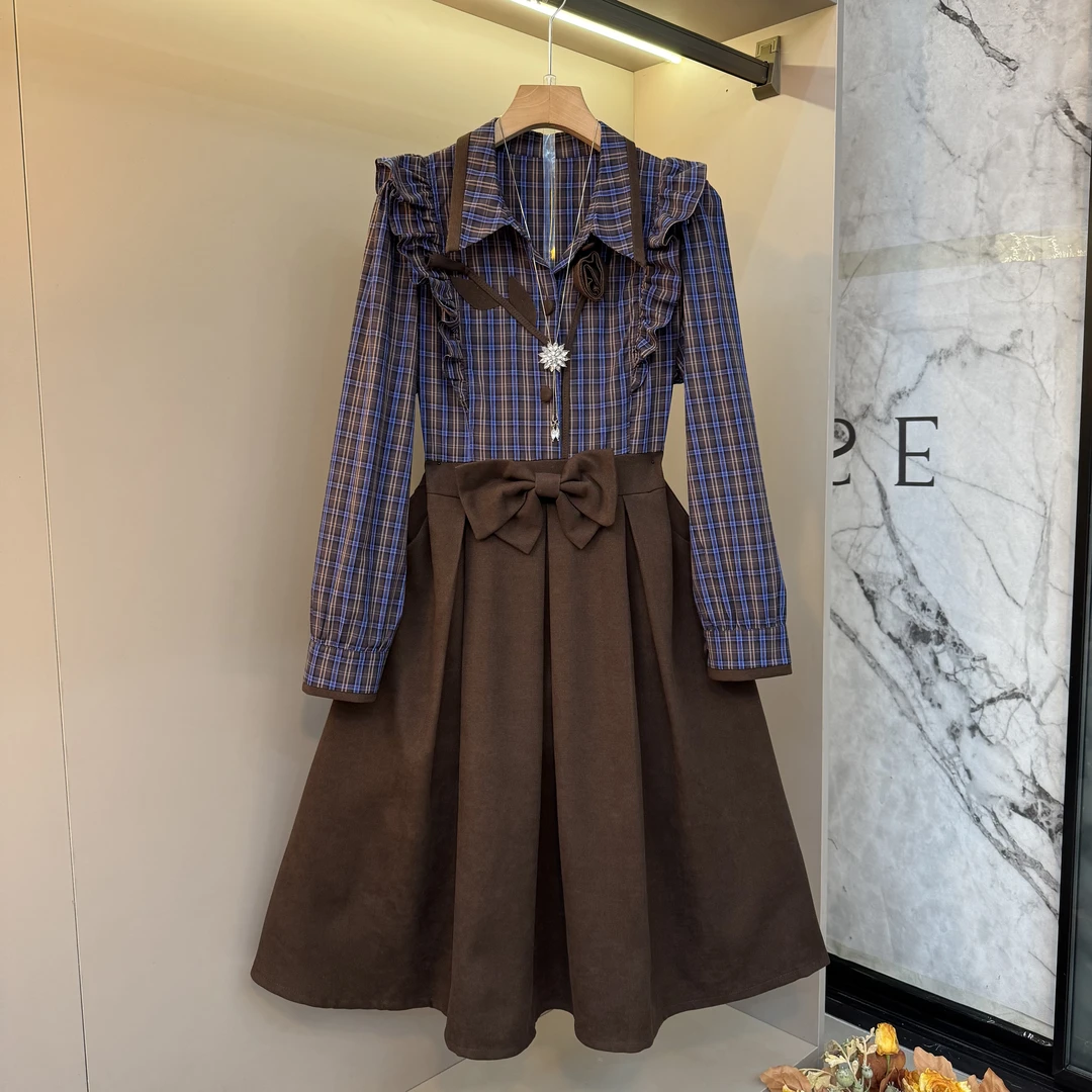 2025气质拼蝴蝶结洋气设计感翻领轻奢欧货胖mm格子连衣裙69132