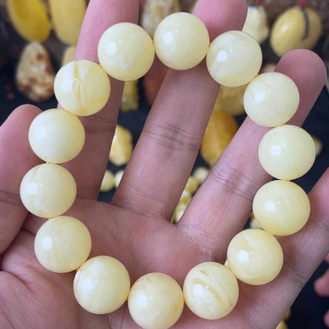 琥珀未镶嵌手串16+俄料白花蜡圆珠手串