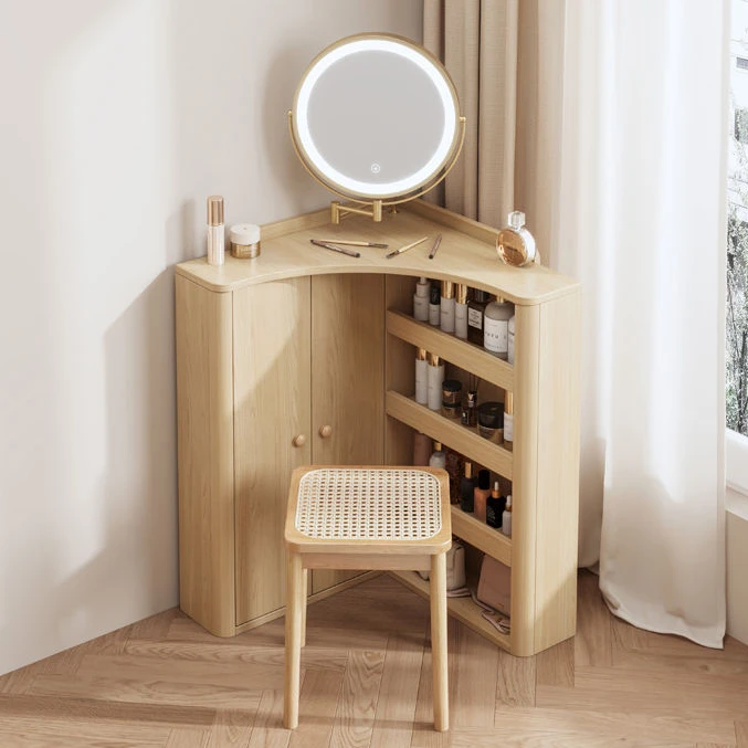 转角圆弧实木梳妆台胡桃色小型墙角化妆台卧室小户型三角形化妆桌