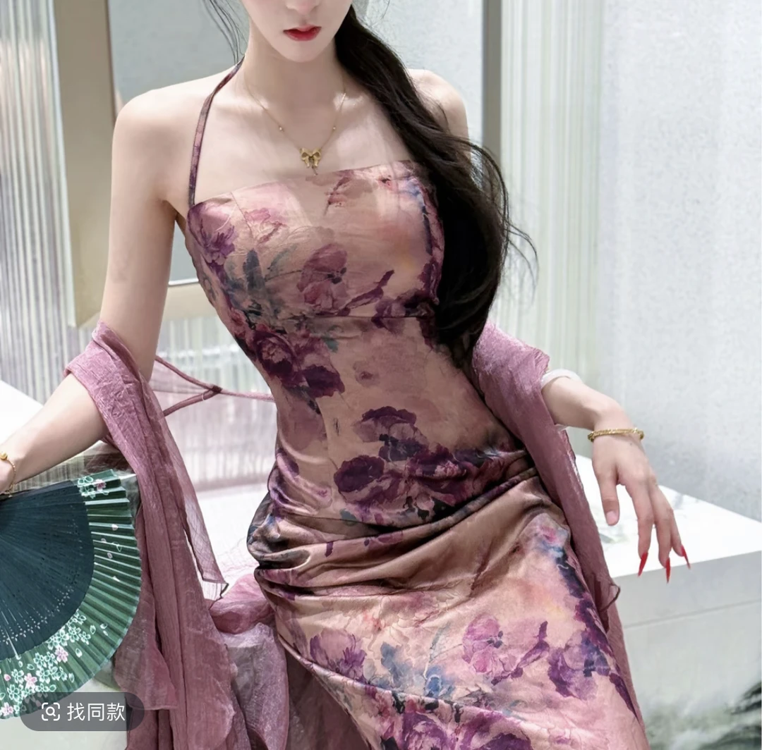 自制夏季改良江南风新中式显瘦挂脖粉珠紫花