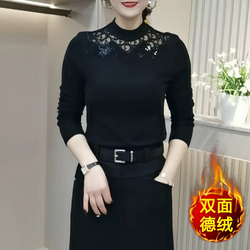 秋冬新款修身显瘦时尚半高领烫钻长袖打底衫大码遮肚子减龄小衫