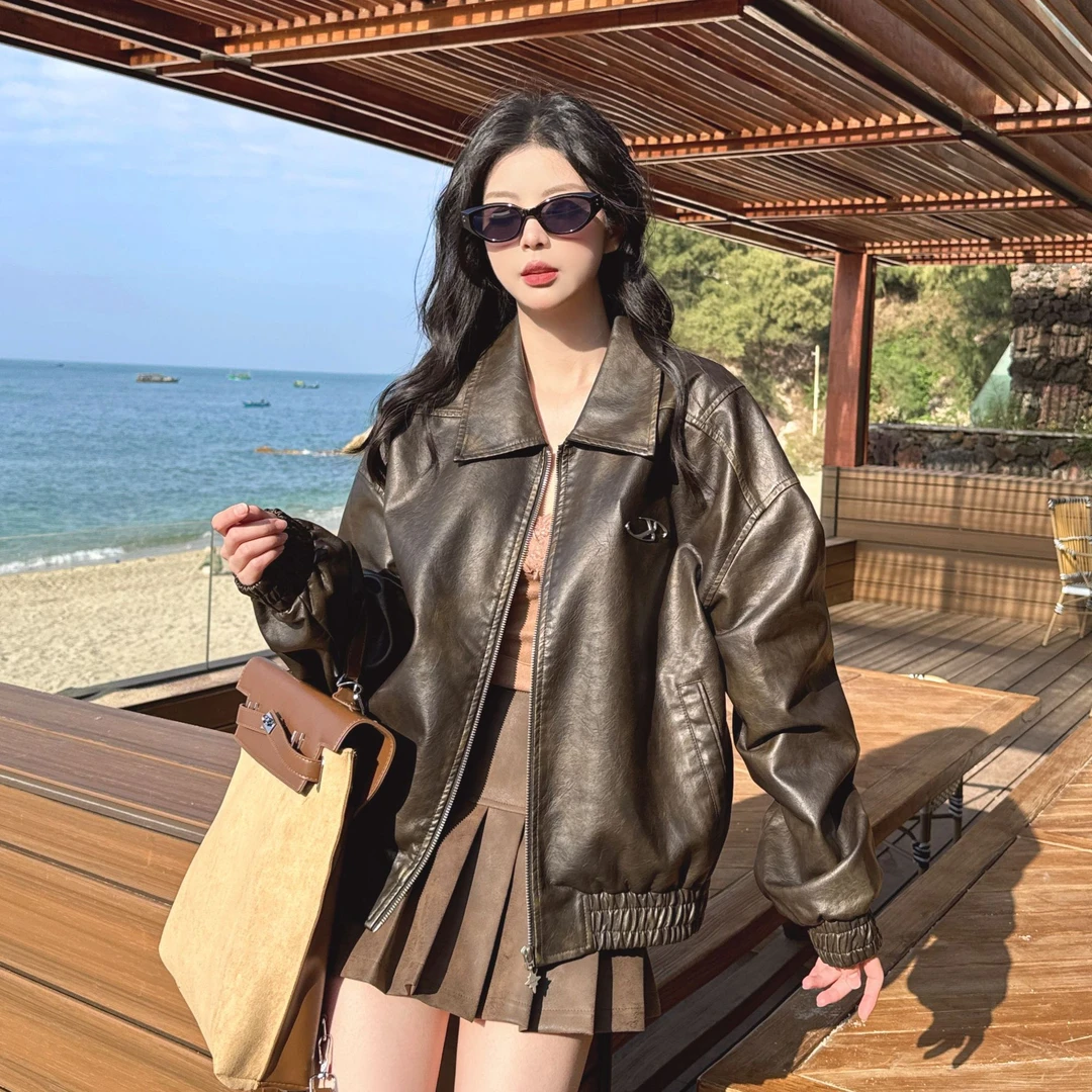 复古擦色棕色皮衣女春秋2025新款爆款做旧美式机车高级感夹克外套