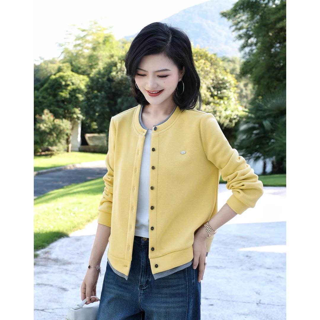 枫竺阿楠圆领撞色休闲通勤加绒保暖外套女秋冬显瘦洋气加厚开衫