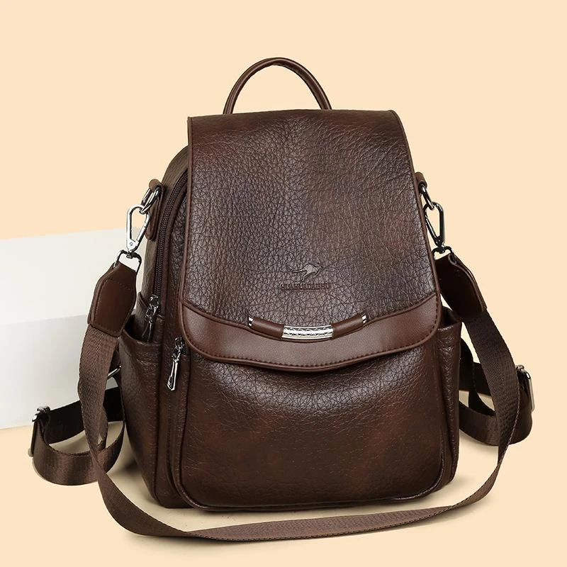 袋鼠复古真皮女士双肩包2025秋冬新款时尚休闲旅行背包大学生书包