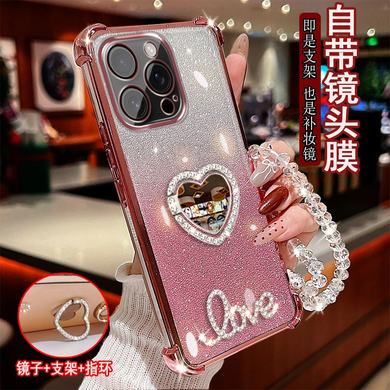 适用于苹果12promax手机壳气囊镶钻指环支架防摔套镜头全包边女款