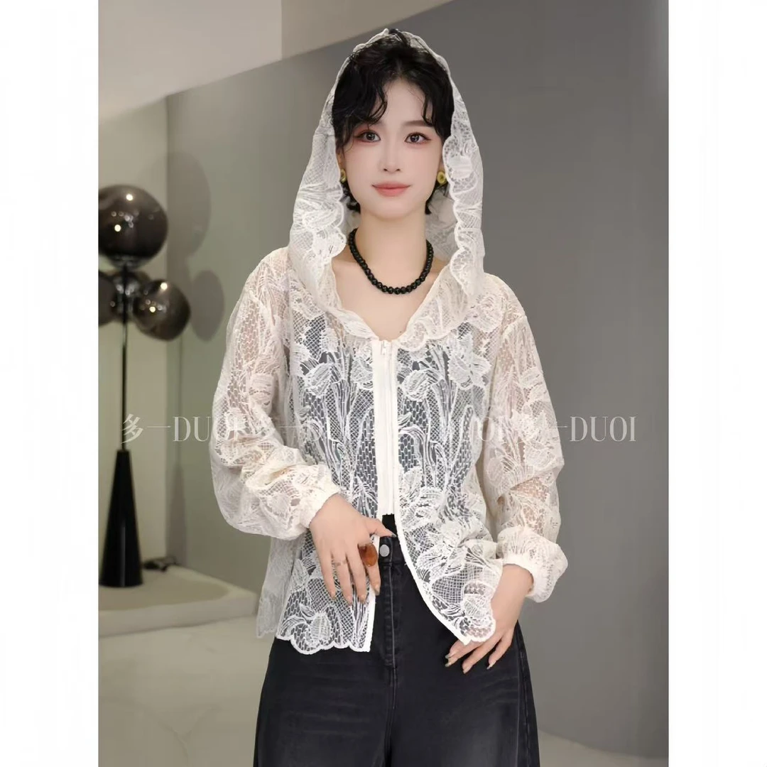 多一“郁金香”2025早秋法式郁金香镂空图案设计连帽叠穿休闲上衣