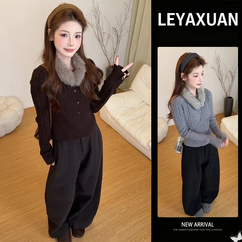 冬季流行穿搭一整套女2025新款韩系毛领针织毛衣百搭休闲裤两件套