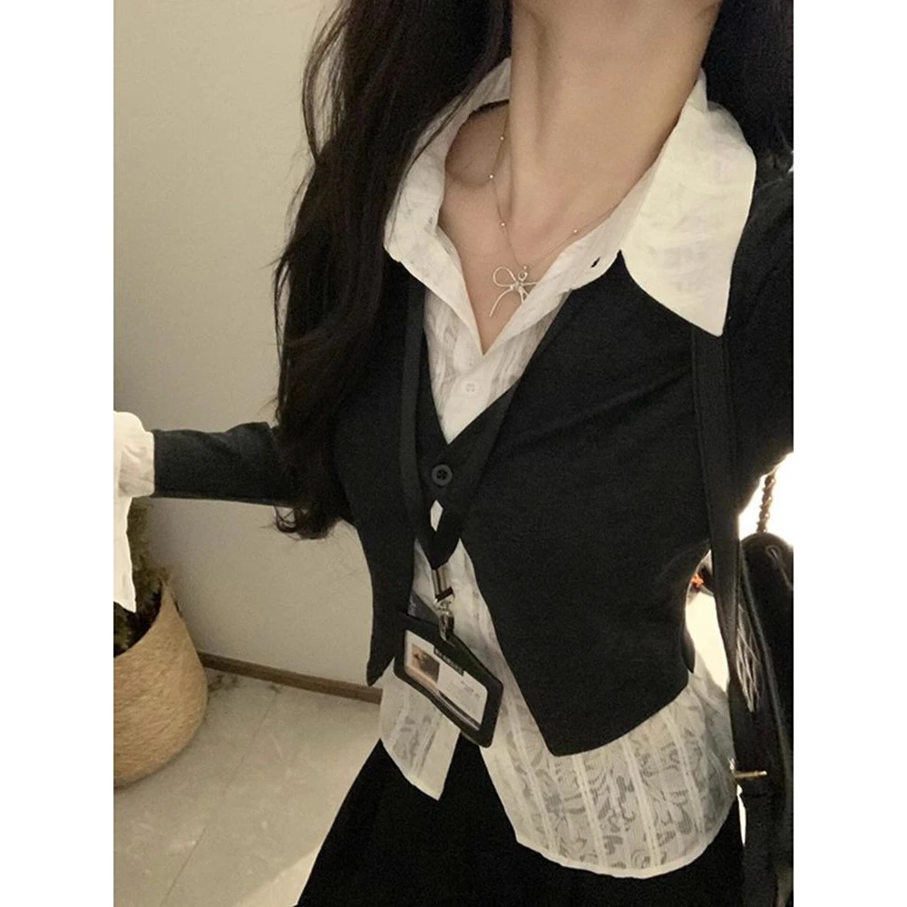 撞色假两件衬衫拼接长袖针织衫女2024初秋新款早秋chic喇叭袖上衣