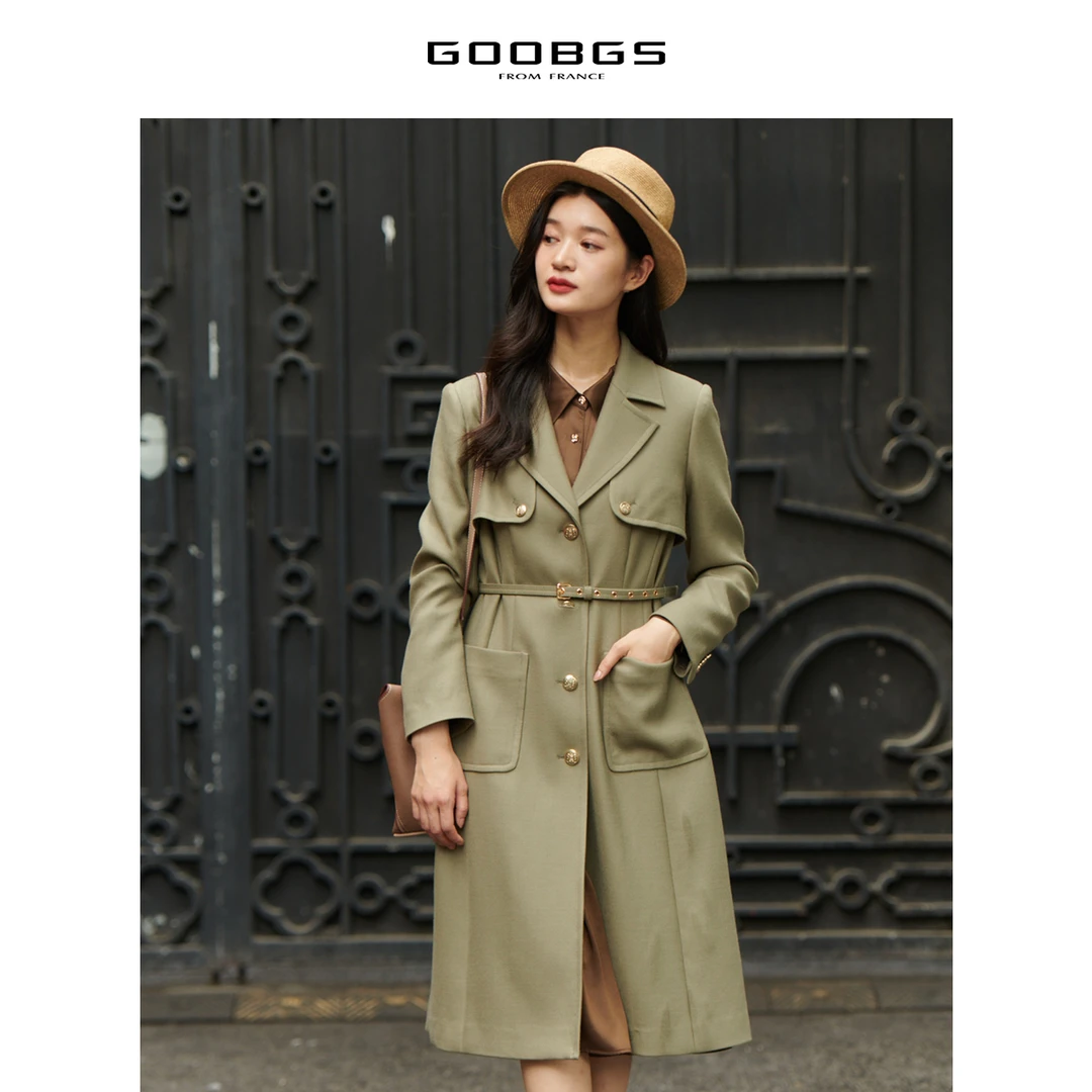 GOOBGS宽松中长款风衣纯色气质优雅收腰显瘦休闲外套G3351636