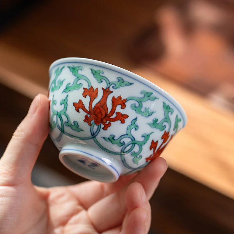五里雾青花瓷器主人杯斗彩红头花碗景德镇高端仿明代压手杯茶具
