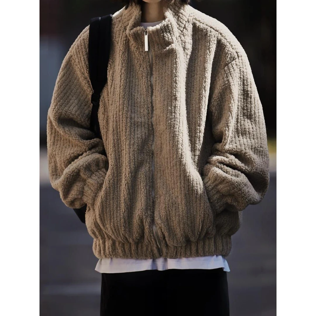 【TQUX官方正品】秋冬日式覆古深色条纹彷羊绒立领棉衣男士宽松保