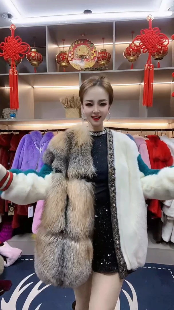 伦敦时报 进口狐狸毛领水貂皮草外套女整貂皮大衣中长款气质减龄