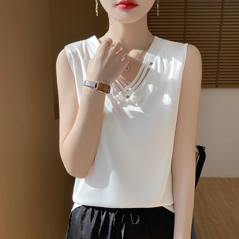 【现货宠粉】新款吊带V领背心女醋酸缎面纯色法式套头夏季打底上衣