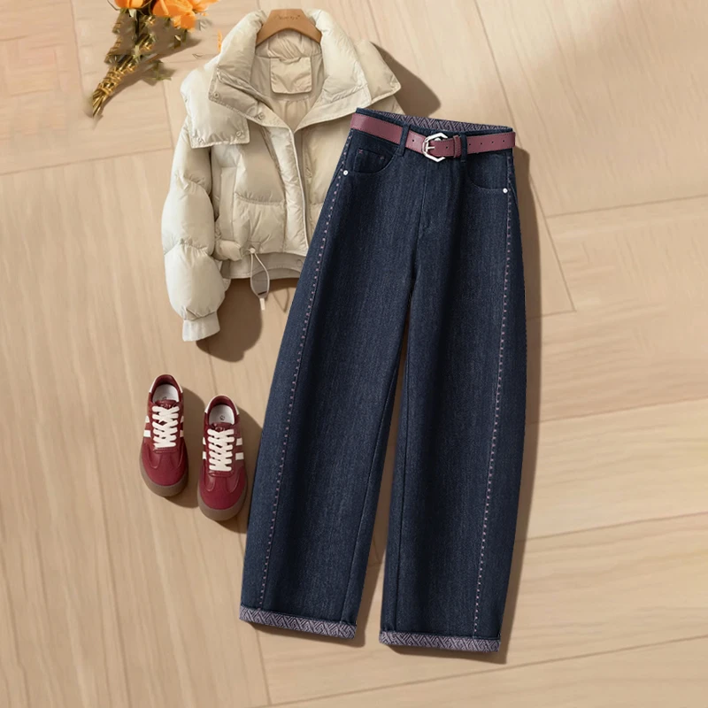 拉夏贝尔休闲牛仔弯刀裤女2025秋冬季加绒宽松显瘦垂感拖地直筒裤