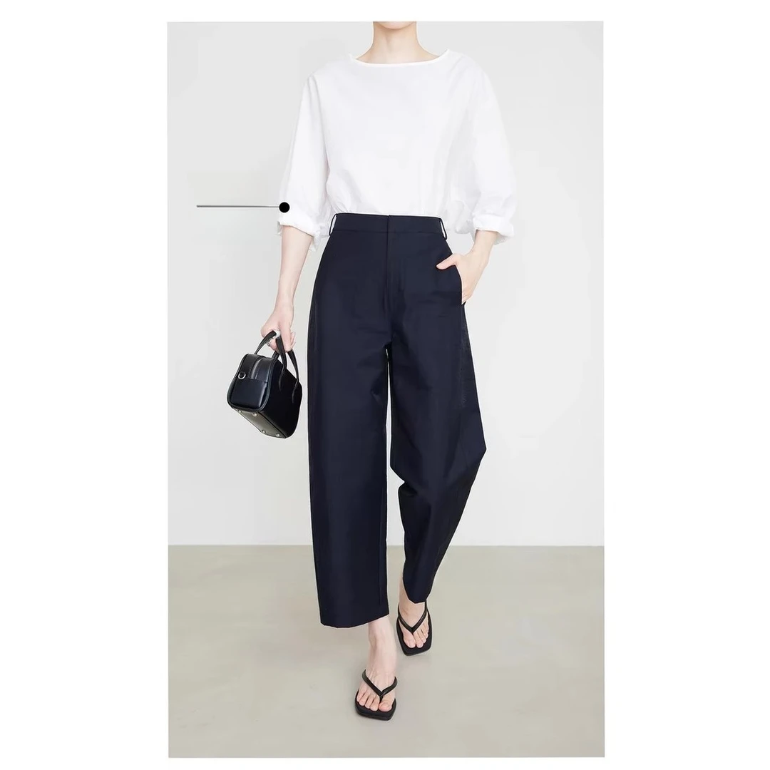 杰瑞【夏日海风】天丝棉九分奶奶裤女裤直筒镰刀休闲裤藏蓝色九分裤