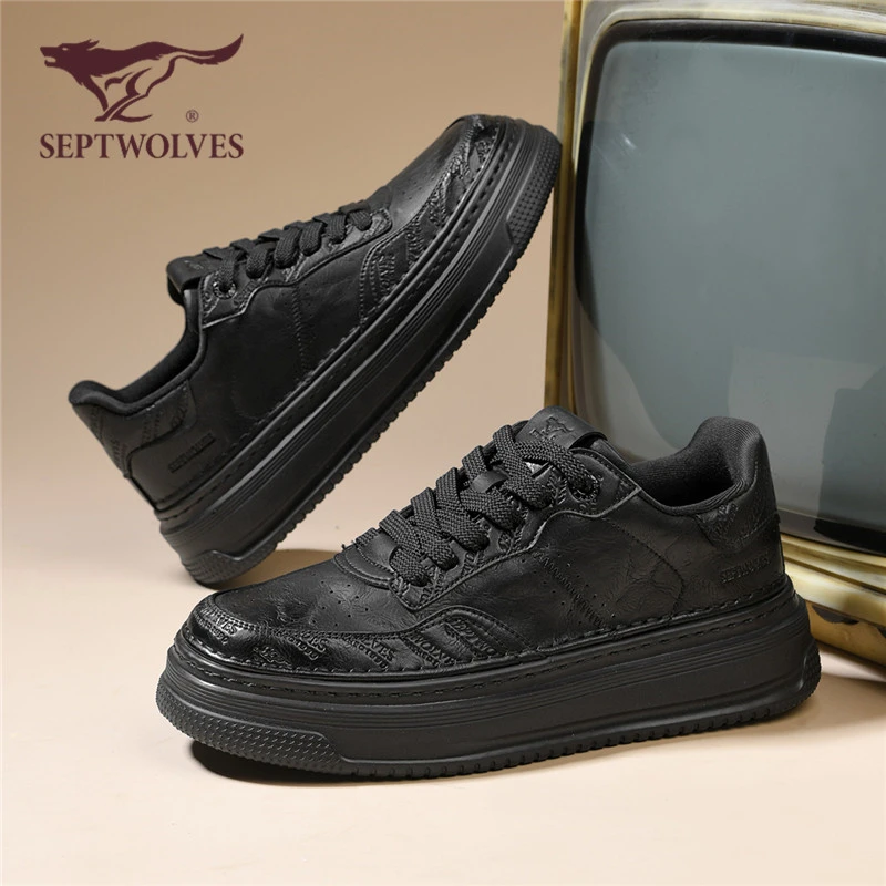 七匹狼男鞋秋季新款潮流百搭全黑色运动板鞋男款增高厚底休闲潮鞋