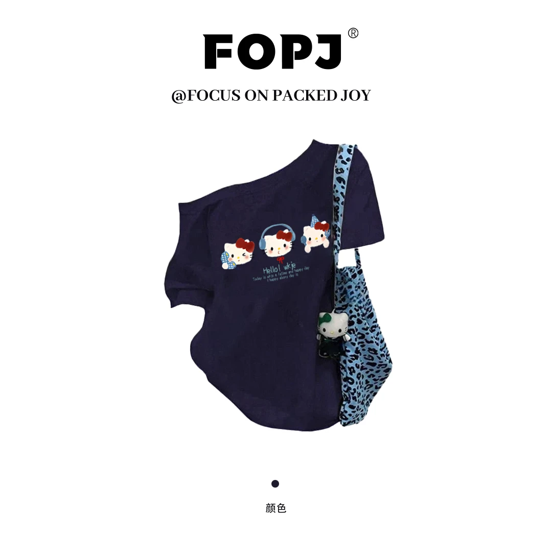 FOPJ时尚百搭夏季新款韩版辣妹斜肩kitty印花短袖t恤女纯欲风上衣