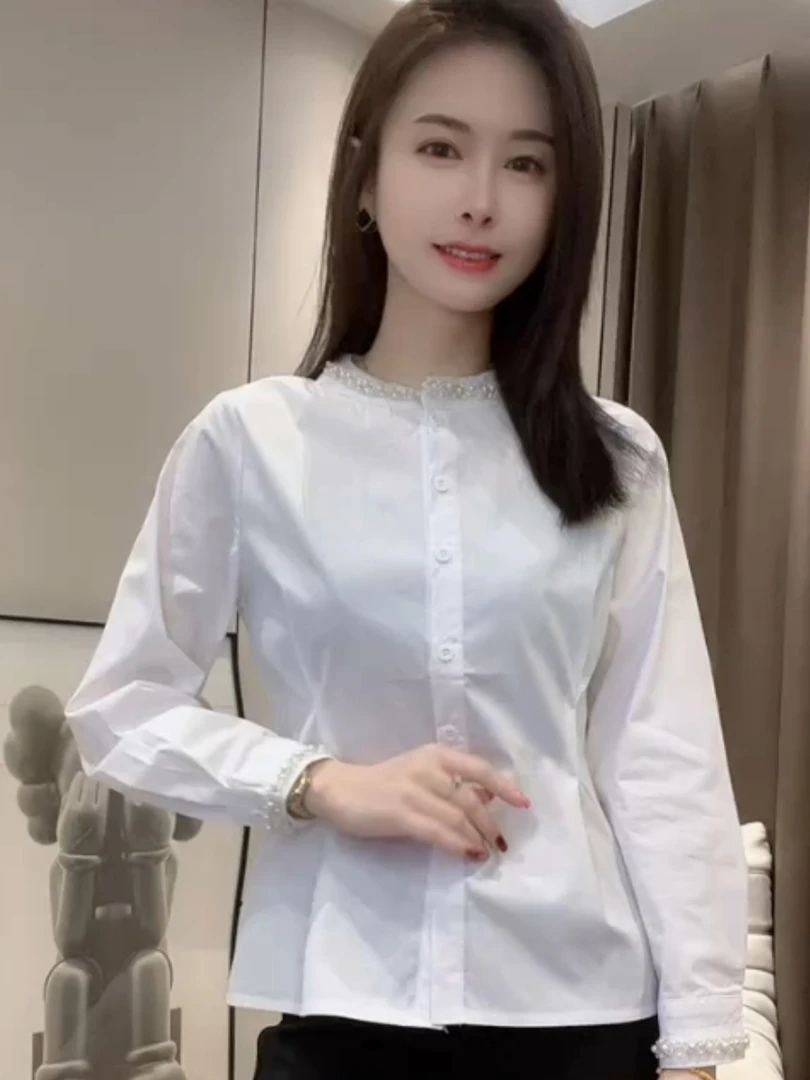 网红爆款时尚减龄修身显瘦上衣女气质百搭修身显瘦纯色圆领衬衫女