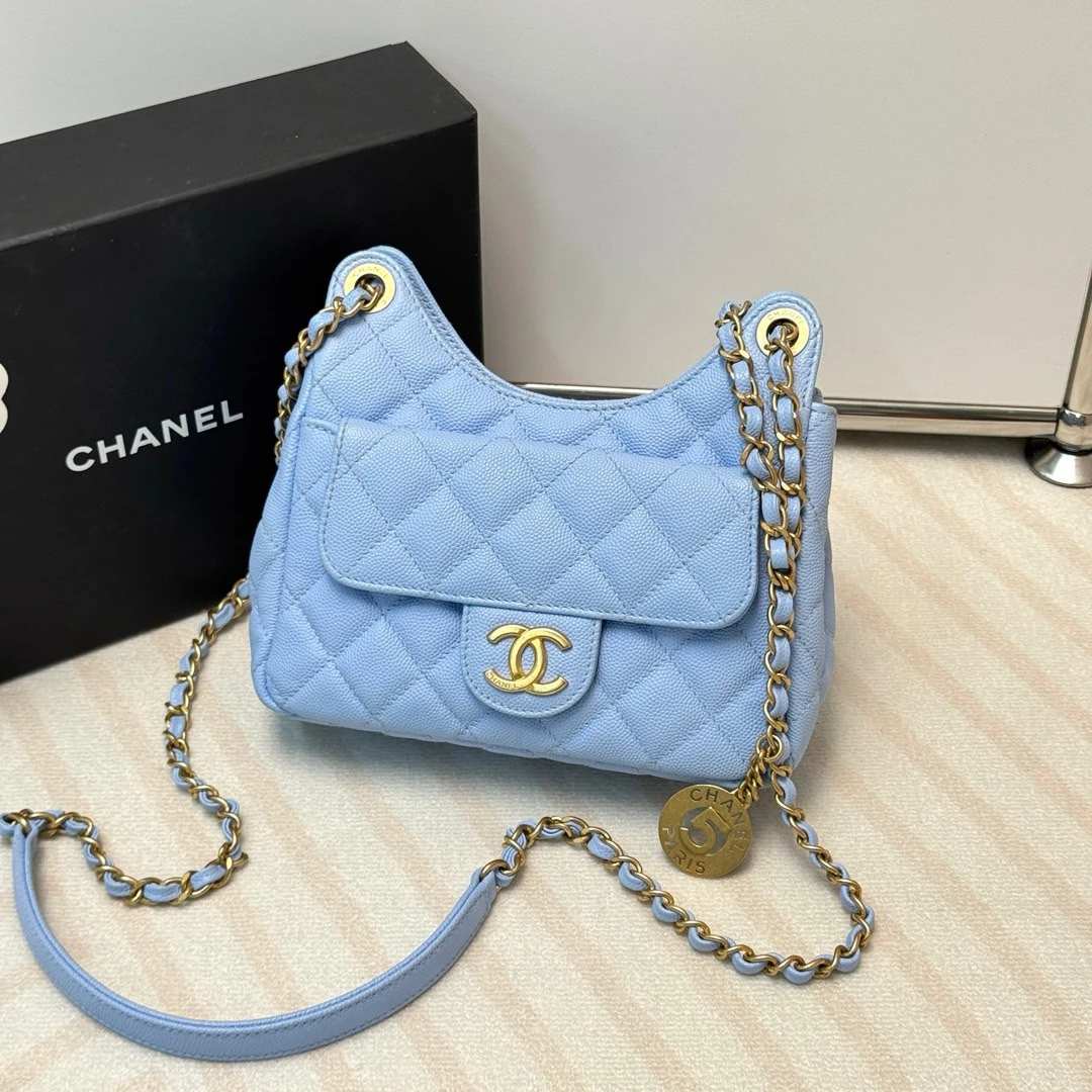 95新 Chanel/香奈儿 淡蓝金 荔枝纹牛皮 天猫精灵小号/655791174