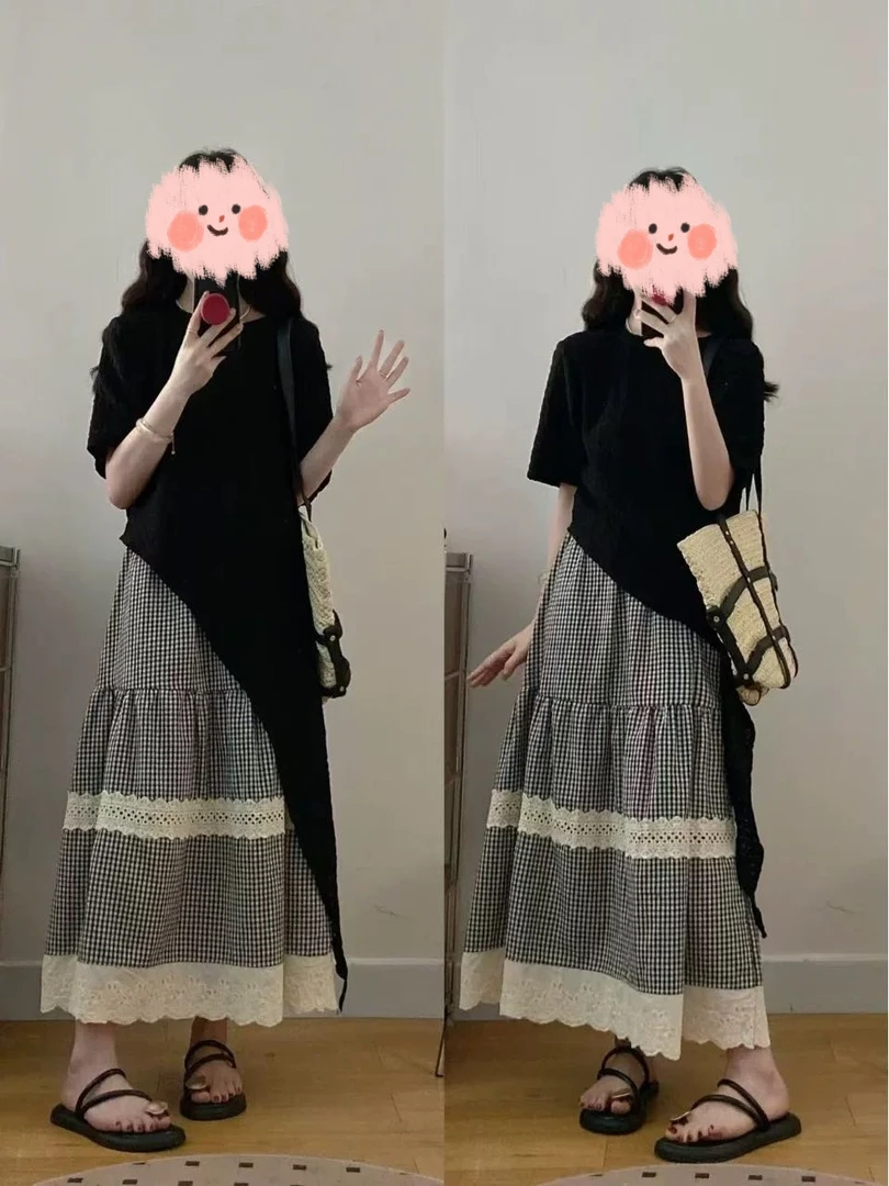 大码不规则短袖T恤上衣格子半身裙两件套5899#