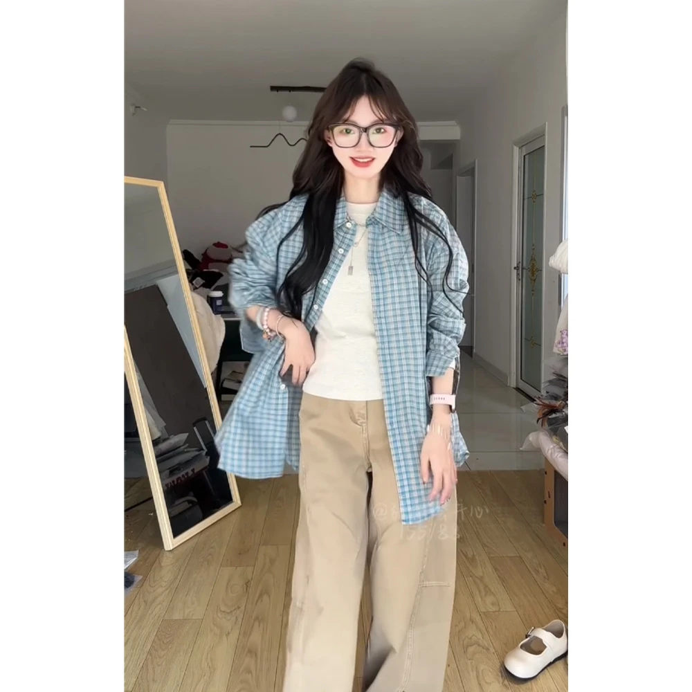 蓝色格子长袖内搭衬衫女装夏季2025年新款早春季衬衣法式上衣外套