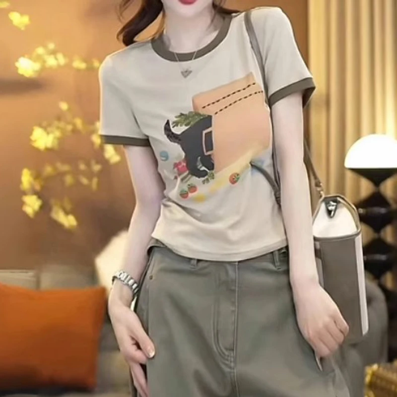 设计感减龄圆领T恤女夏季新款胖MM大码女装撞色短袖卡通印花上衣