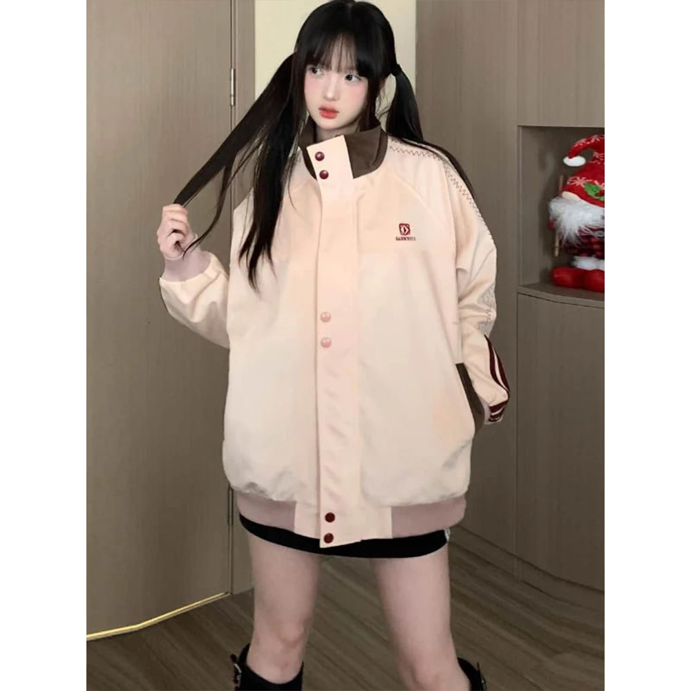 2025春秋街头美式复古刺绣棒球服女拼接立领宽松百搭男女情侣外套