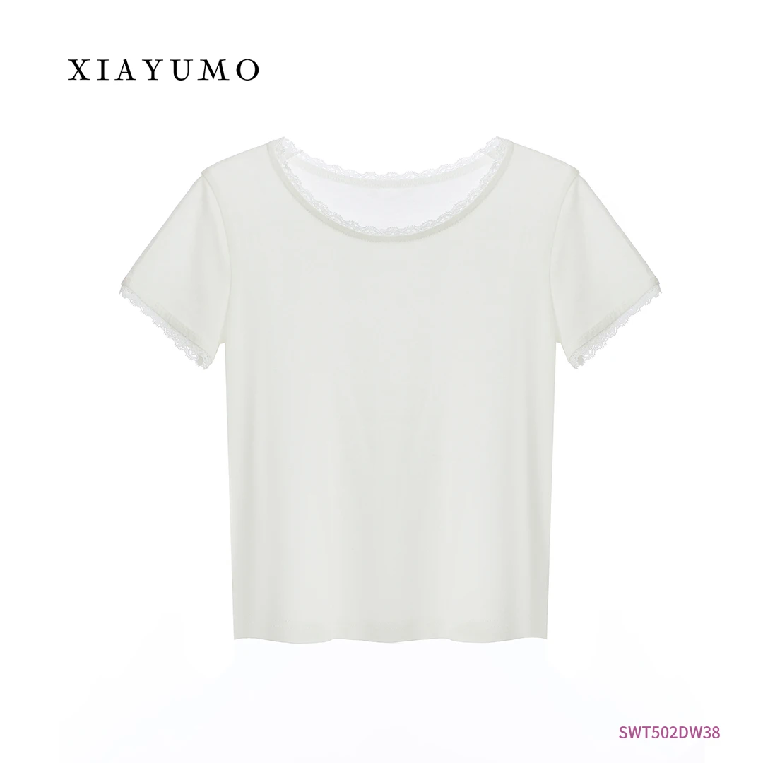 夏羽墨春夏新款白色花边宽松轻奢简约时尚半袖休闲百搭圆领T恤