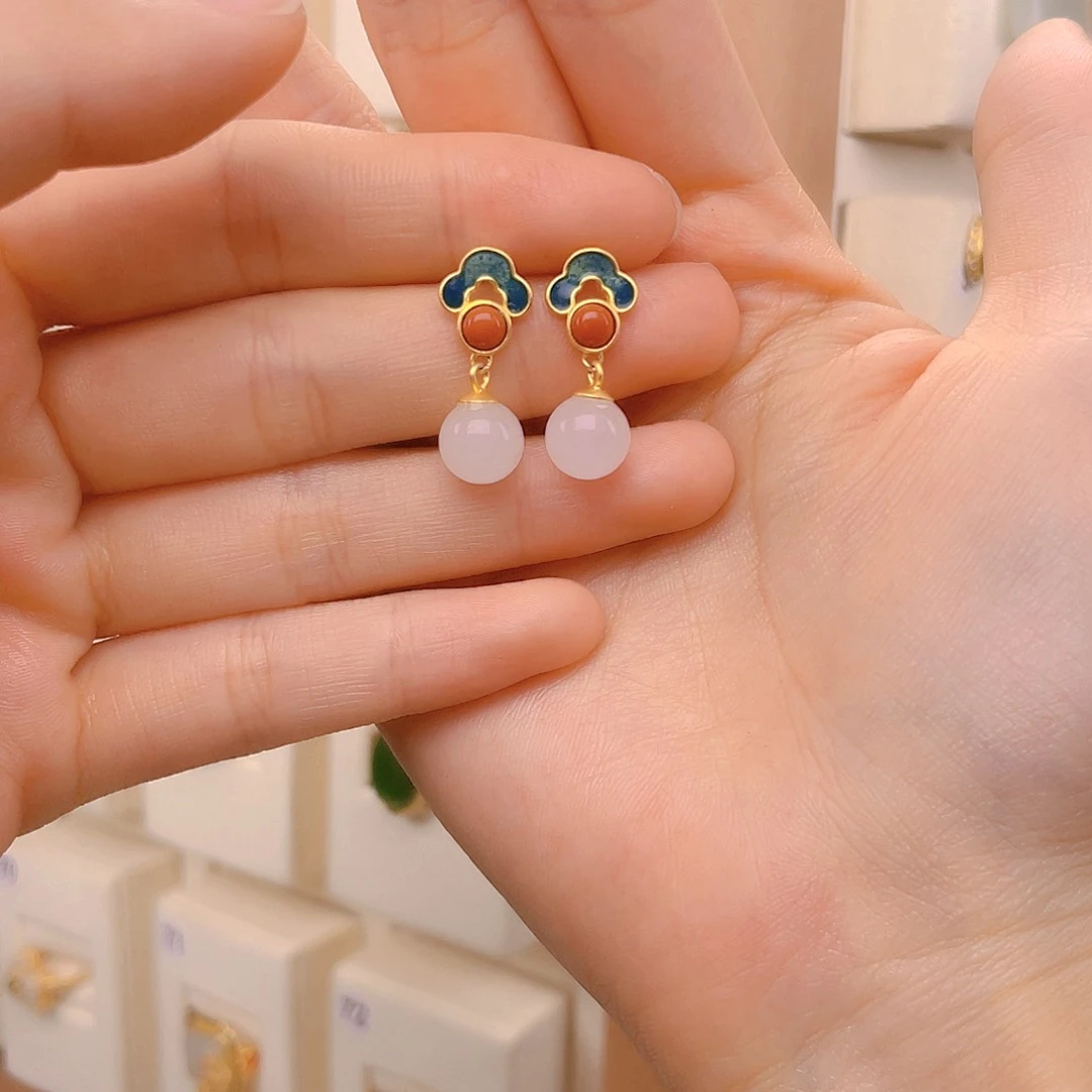 和田玉耳饰银S925镀金镶嵌